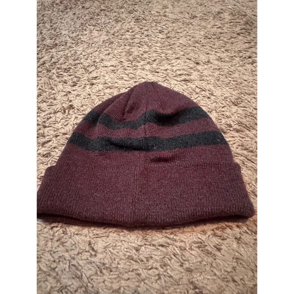Hurley Youth Knit Beanie Hat Burgundy Black Striped Cuffed Winter Cap